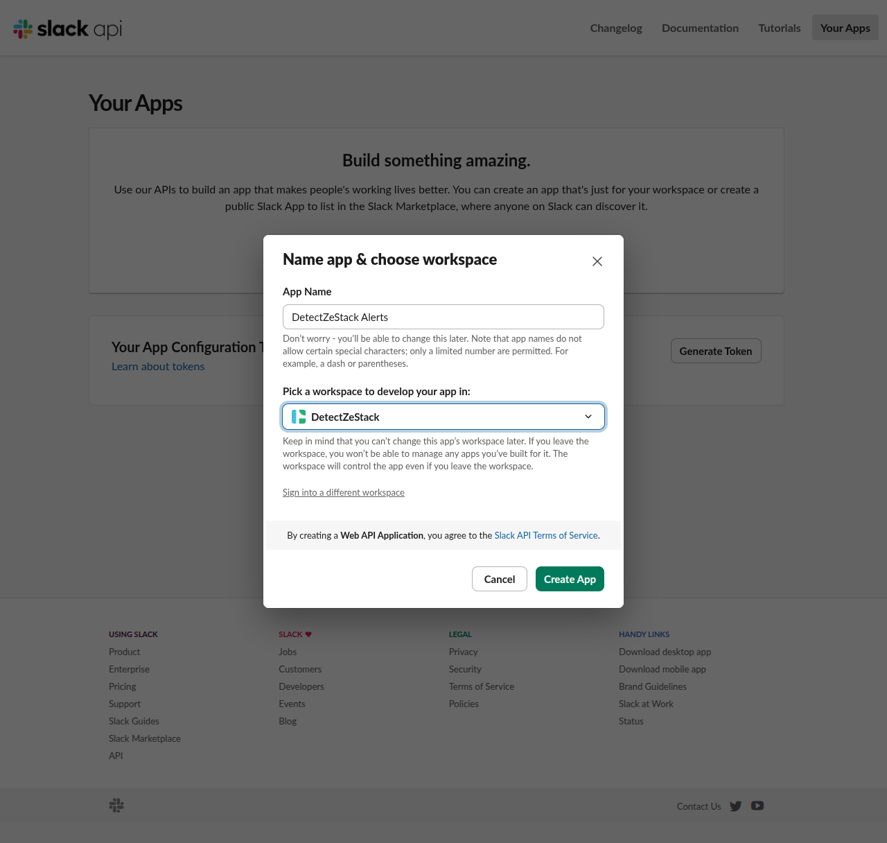 Slack 'Name app & choose workspace' modal with 'DetectZeStack Alerts' filled in and a workspace selected