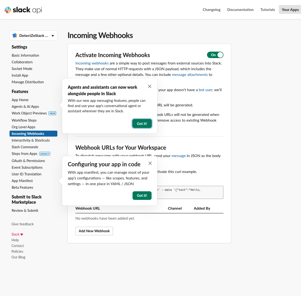 Slack Incoming Webhooks page with the Activate toggle set to On and the Add New Webhook to Workspace button visible