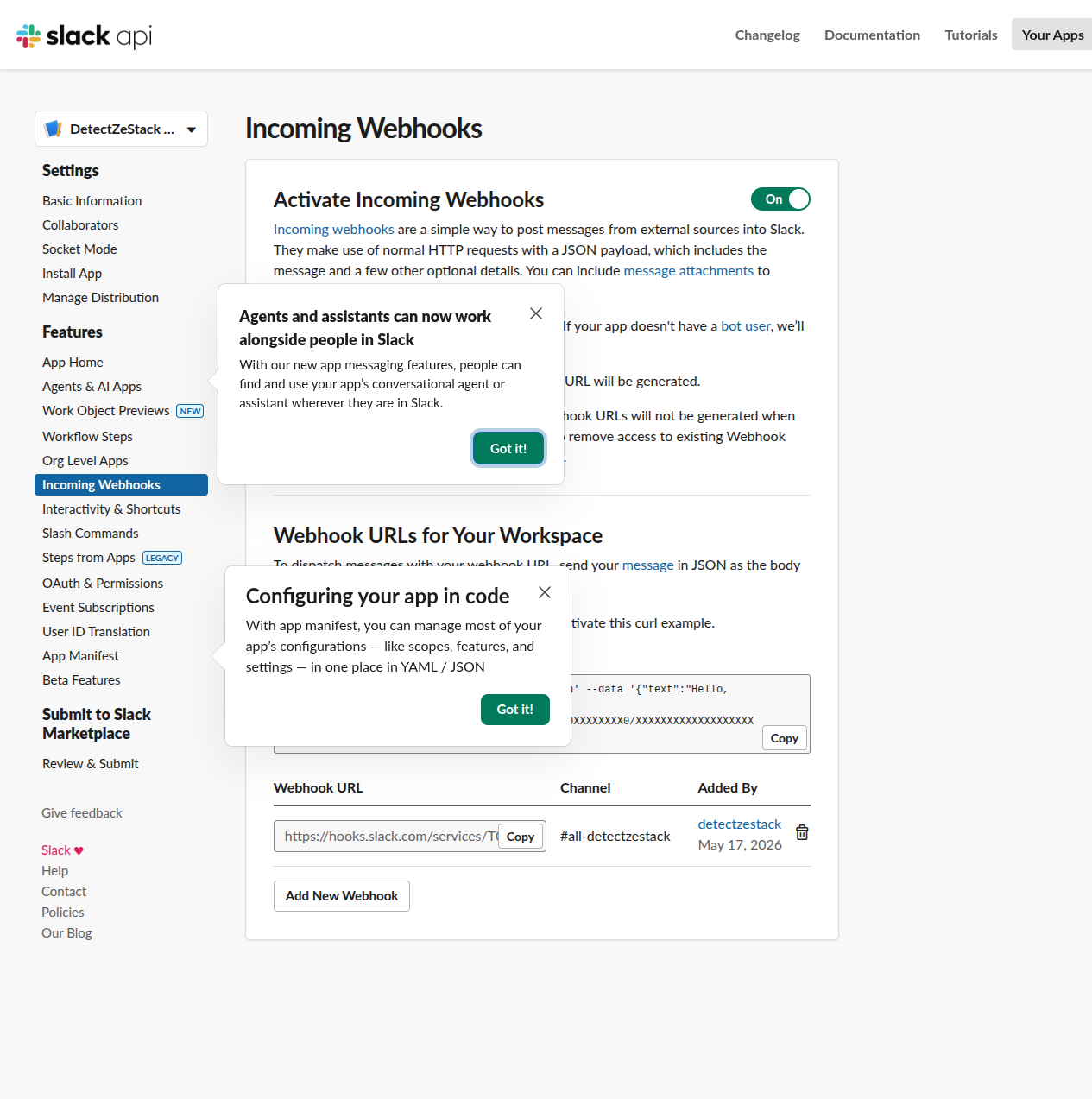 Slack Incoming Webhooks page after authorization showing a generated webhook URL starting with hooks.slack.com/services/